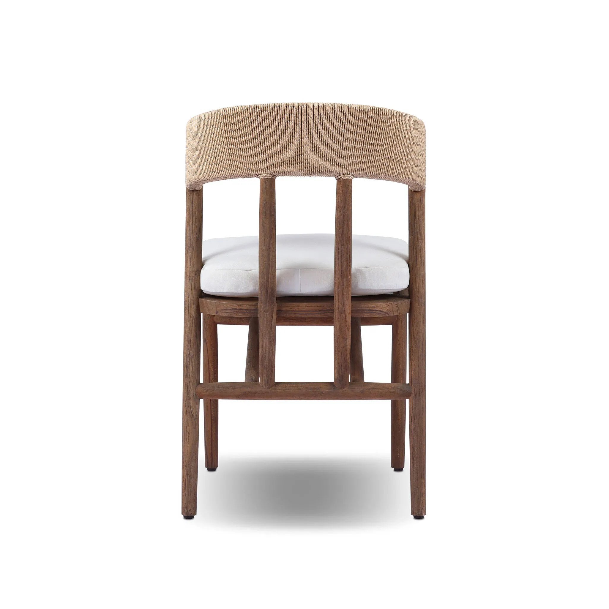 Featuring Buxton Arashi Salt Outdoor Dining Chair by Four Hands at Amethyst Home. The traditional whistler chair, reimagined for the great outdoors. Crafted from FSC®-certified teak, tapered legs extend to a woven back of faux hyacinth, complete with a soft, durable seat cushion. Cover or store indoors during inclement weather and when not in use. Overall . Amethyst Home provides interior design, new home construction design consulting, vintage area rugs, and lighting in the Des Moines metro area.
