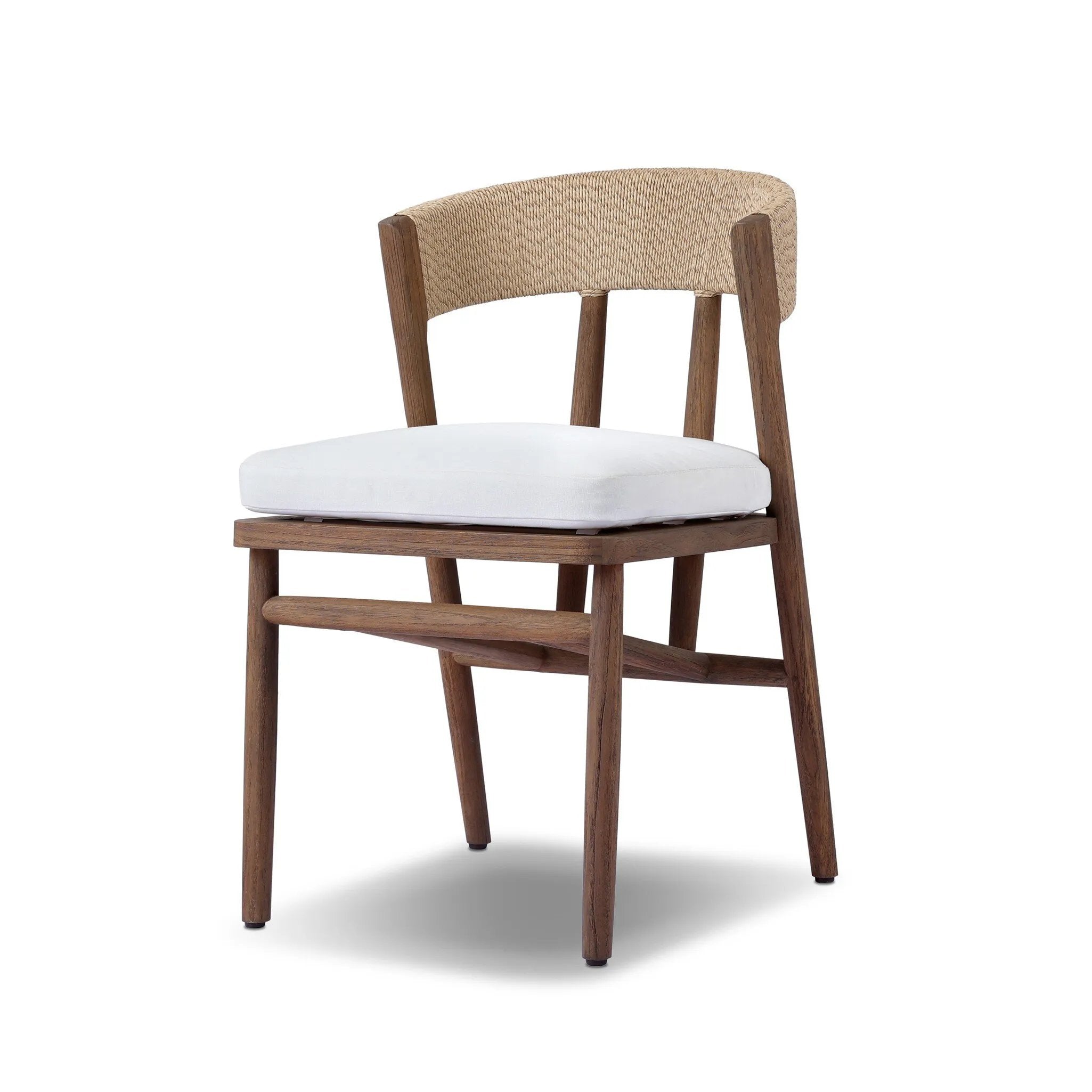 Featuring Buxton Arashi Salt Outdoor Dining Chair by Four Hands at Amethyst Home. The traditional whistler chair, reimagined for the great outdoors. Crafted from FSC®-certified teak, tapered legs extend to a woven back of faux hyacinth, complete with a soft, durable seat cushion. Cover or store indoors during inclement weather and when not in use. Overall Di. Amethyst Home provides interior design, new home construction design consulting, vintage area rugs, and lighting in the Portland metro area.