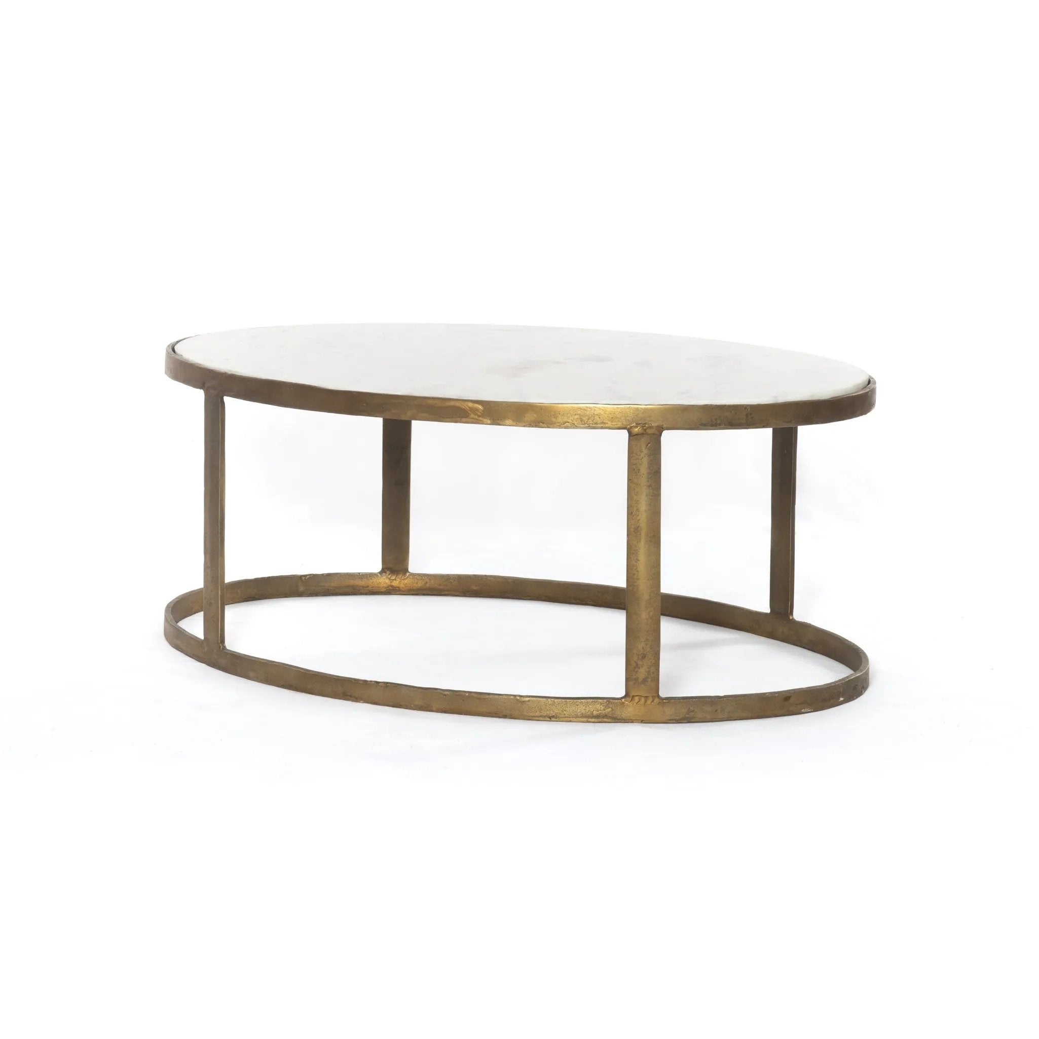 Featuring Calder Polished White Marble Nesting Coffee Table by Four Hands at Amethyst Home. Shapely surfaces, designed to slide together or apart with ease. A raw brass finish lends a lived-in feel to aluminum framing, with one oval-shaped nester topped by polished white marble pairing with a taller, rounded table featuring tempered glass.    Large Table:. Amethyst Home provides interior design, new home construction design consulting, vintage area rugs, and lighting in the Kansas City metro area.