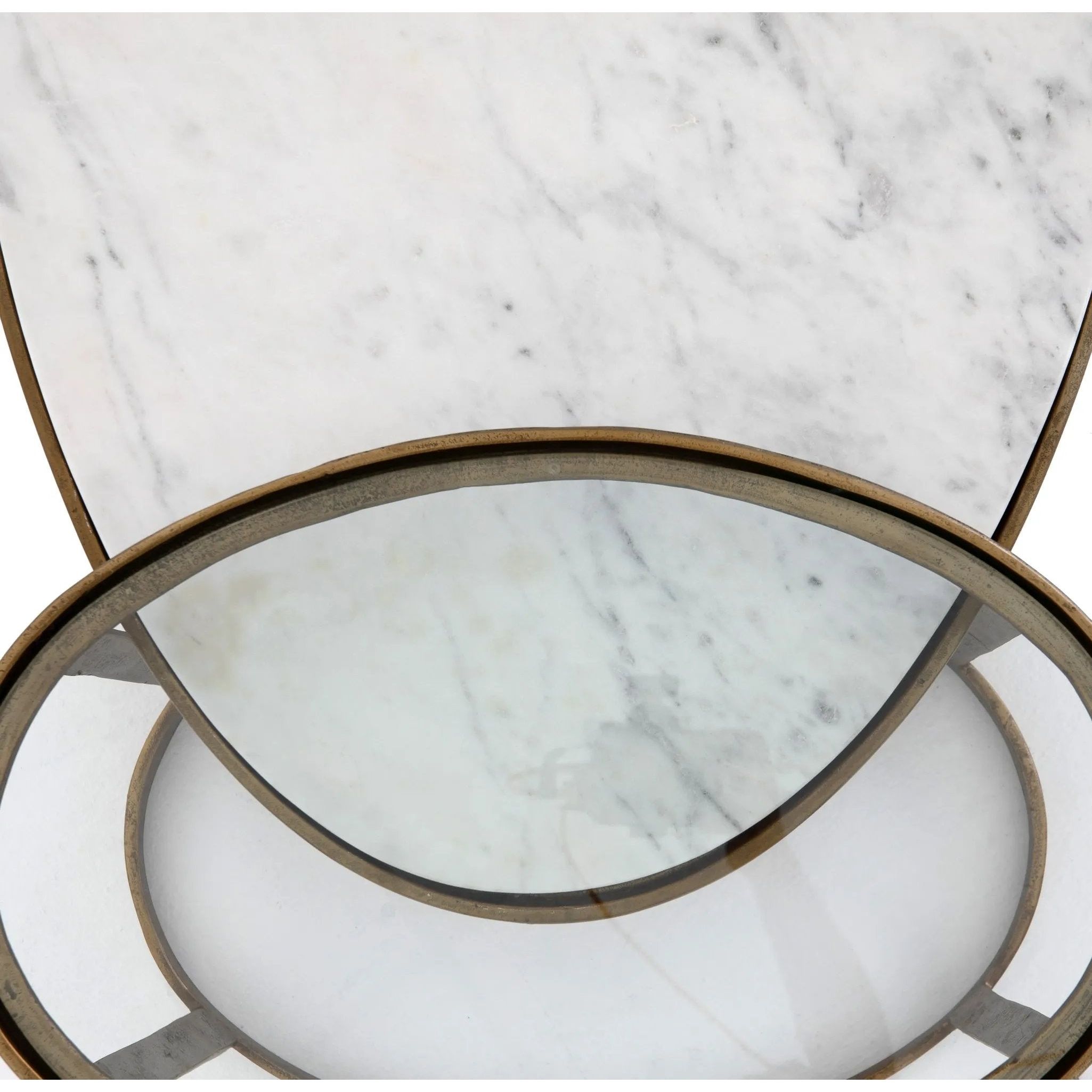 Featuring Calder Polished White Marble Nesting Coffee Table by Four Hands at Amethyst Home. Shapely surfaces, designed to slide together or apart with ease. A raw brass finish lends a lived-in feel to aluminum framing, with one oval-shaped nester topped by polished white marble pairing with a taller, rounded table featuring tempered glass.    Large Tabl. Amethyst Home provides interior design, new home construction design consulting, vintage area rugs, and lighting in the Newport Beach metro area.