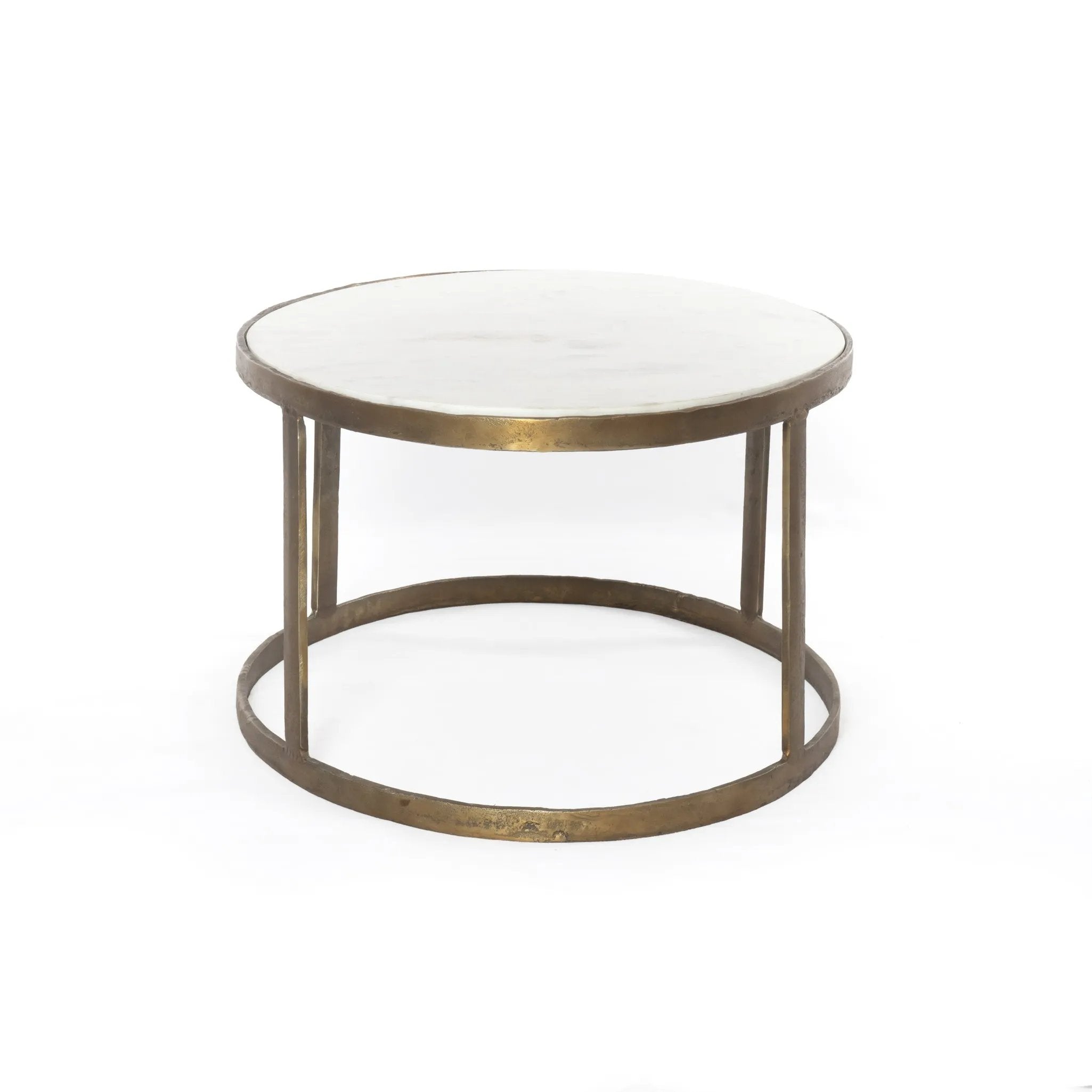 Featuring Calder Polished White Marble Nesting Coffee Table by Four Hands at Amethyst Home. Shapely surfaces, designed to slide together or apart with ease. A raw brass finish lends a lived-in feel to aluminum framing, with one oval-shaped nester topped by polished white marble pairing with a taller, rounded table featuring tempered glass.    Large Table: . Amethyst Home provides interior design, new home construction design consulting, vintage area rugs, and lighting in the Washington metro area.