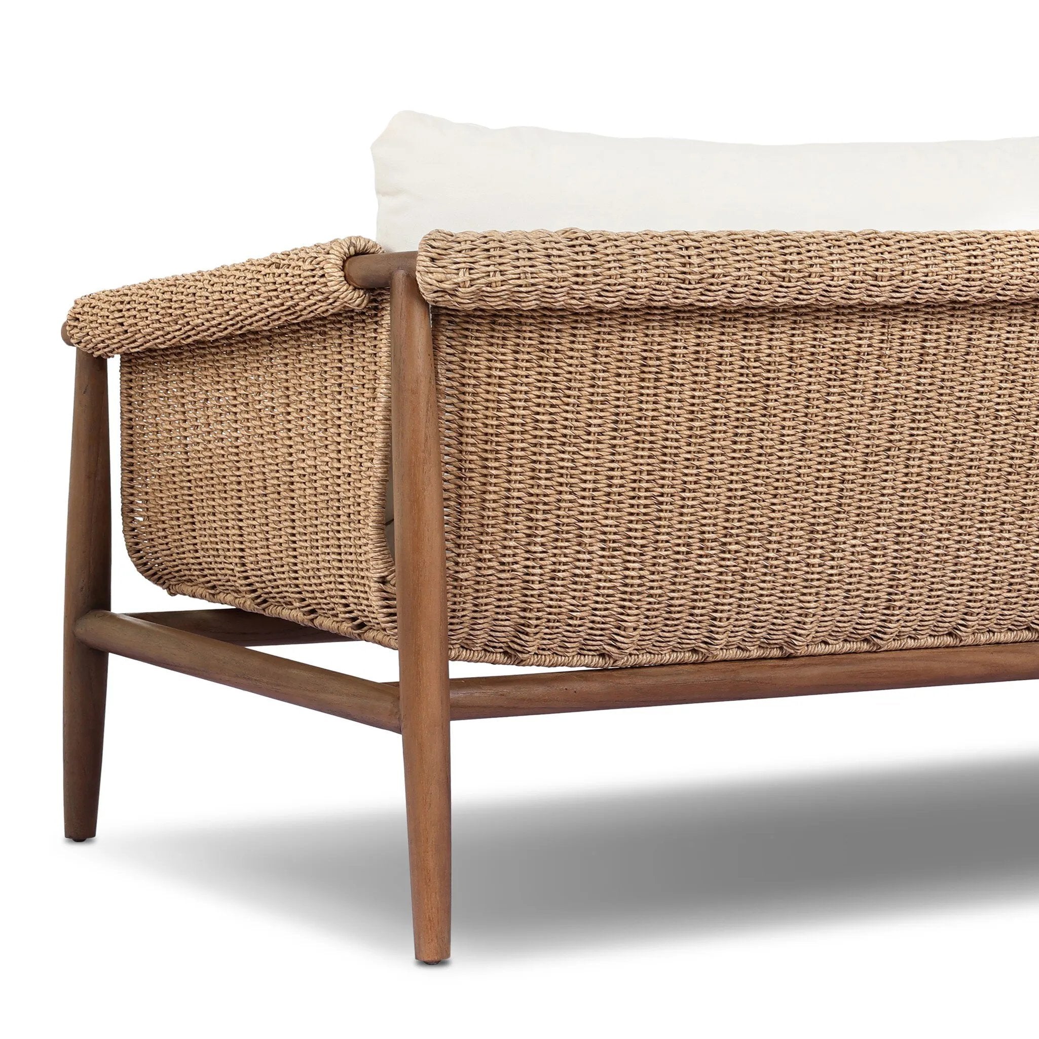 Bring home vintage inspiration. The sling shape of this outdoor sofa features a reimagined bucket seat in woven faux hyacinth, finished with rounded tapered legs that mirror the shape of the frame. Cover or store indoors during inclement weather and when not in use Amethyst Home provides interior design, new home construction design consulting, vintage area rugs, and lighting in the Austin metro area.