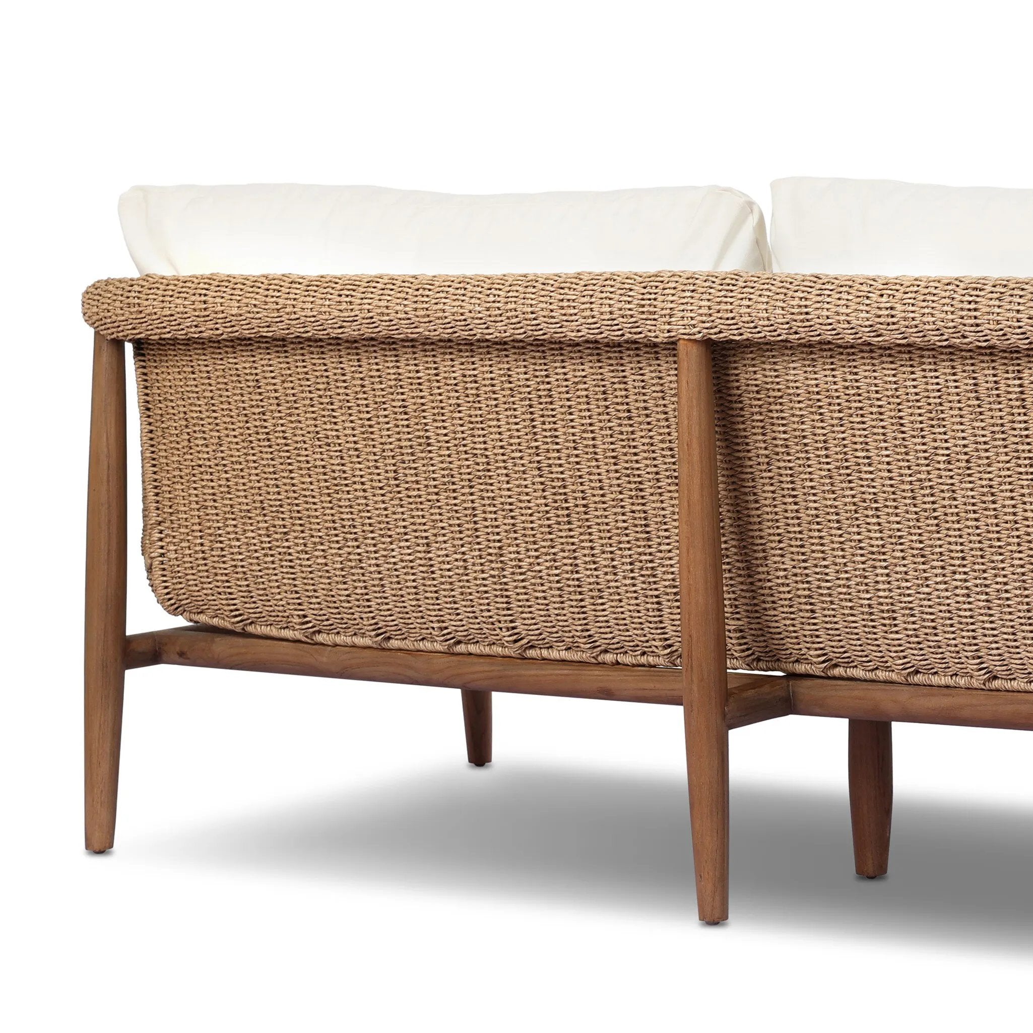 Bring home vintage inspiration. The sling shape of this outdoor sofa features a reimagined bucket seat in woven faux hyacinth, finished with rounded tapered legs that mirror the shape of the frame. Cover or store indoors during inclement weather and when not in use Amethyst Home provides interior design, new home construction design consulting, vintage area rugs, and lighting in the Boston metro area.