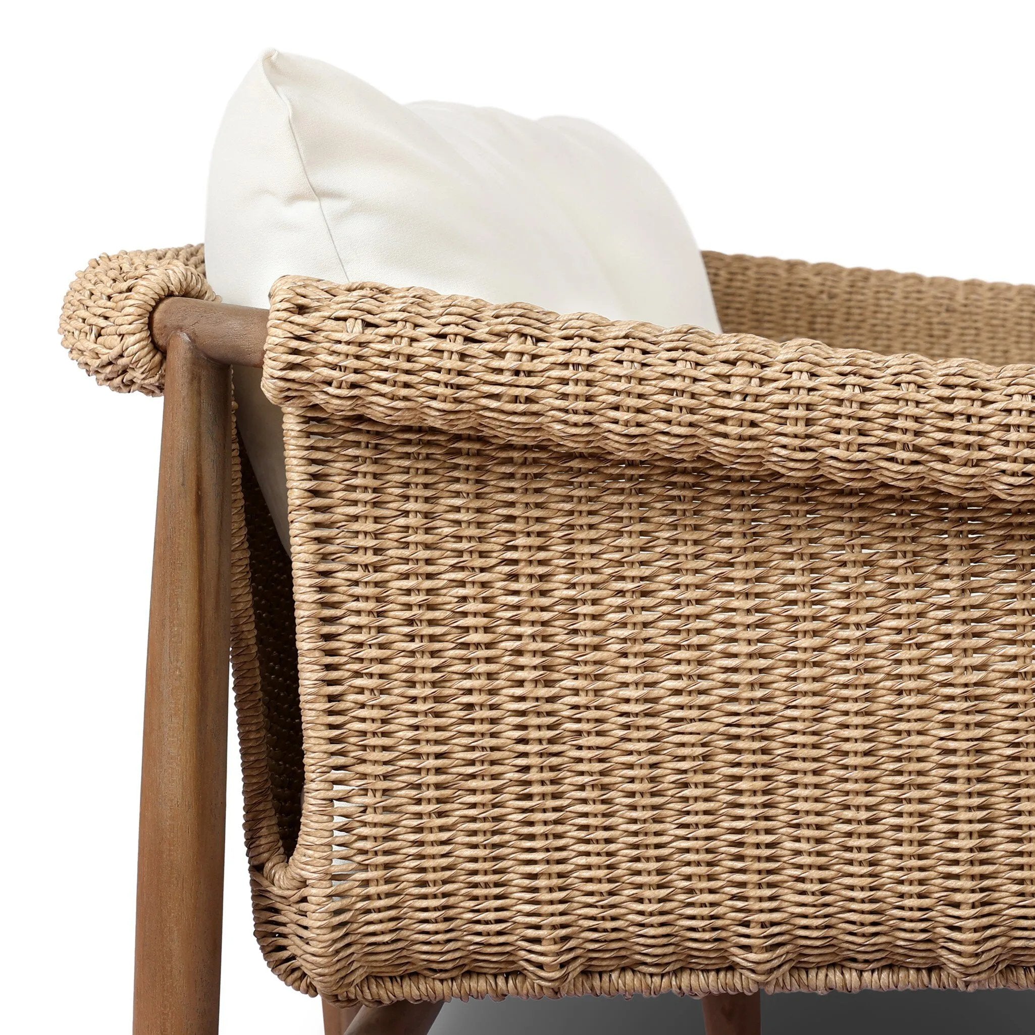 Bring home vintage inspiration. The sling shape of this outdoor sofa features a reimagined bucket seat in woven faux hyacinth, finished with rounded tapered legs that mirror the shape of the frame. Cover or store indoors during inclement weather and when not in use Amethyst Home provides interior design, new home construction design consulting, vintage area rugs, and lighting in the Portland metro area.