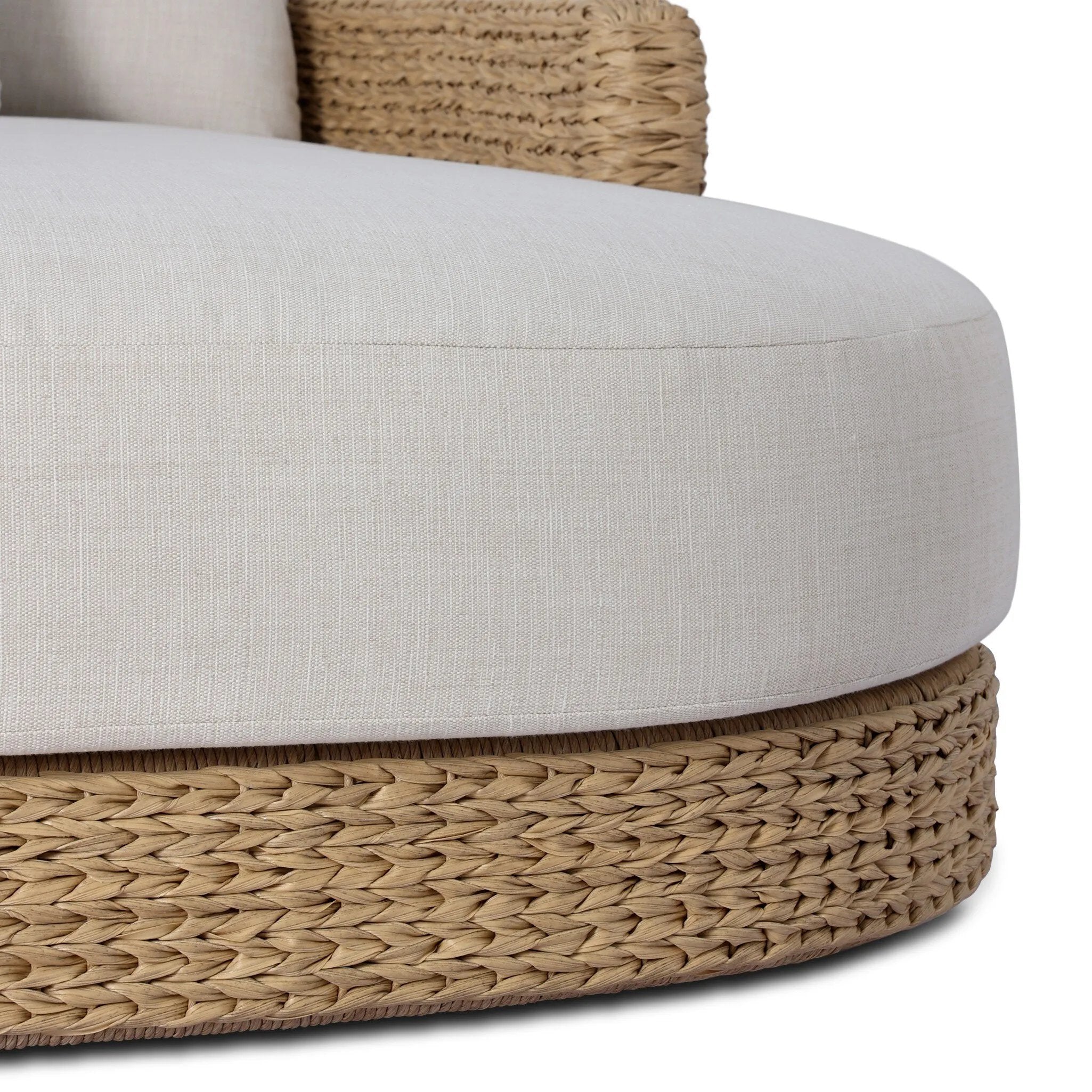 A classic barrel back silhouette meets coastal inspiration with a chunky woven texture. Neutral upholstery and simple shaping make this outdoor chaise fit a number of styles. Cover or store indoors during inclement weather and when not in use. Amethyst Home provides interior design, new home construction design consulting, vintage area rugs, and lighting in the Charlotte metro area.