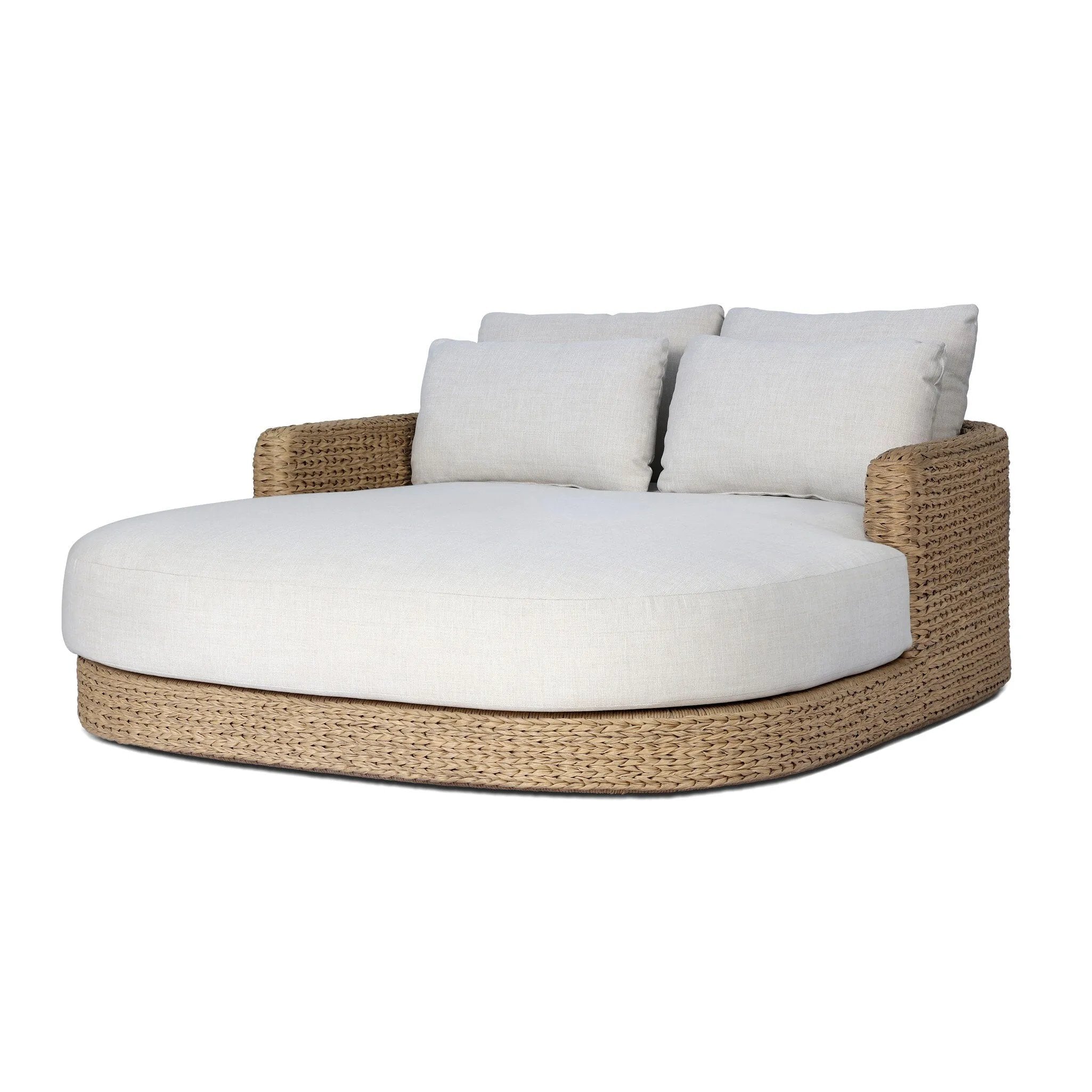A classic barrel back silhouette meets coastal inspiration with a chunky woven texture. Neutral upholstery and simple shaping make this outdoor chaise fit a number of styles. Cover or store indoors during inclement weather and when not in use. Amethyst Home provides interior design, new home construction design consulting, vintage area rugs, and lighting in the Laguna Beach metro area.
