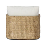 A classic barrel back silhouette meets coastal inspiration with a chunky woven texture. Neutral upholstery and simple shaping make this 360 swivel outdoor chair fit in a number of spaces. Cover or store indoors during inclement weather and when not in use. Amethyst Home provides interior design, new home construction design consulting, vintage area rugs, and lighting in the Austin metro area.