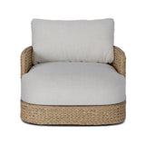A classic barrel back silhouette meets coastal inspiration with a chunky woven texture. Neutral upholstery and simple shaping make this 360 swivel outdoor chair fit in a number of spaces. Cover or store indoors during inclement weather and when not in use. Amethyst Home provides interior design, new home construction design consulting, vintage area rugs, and lighting in the Boston metro area.