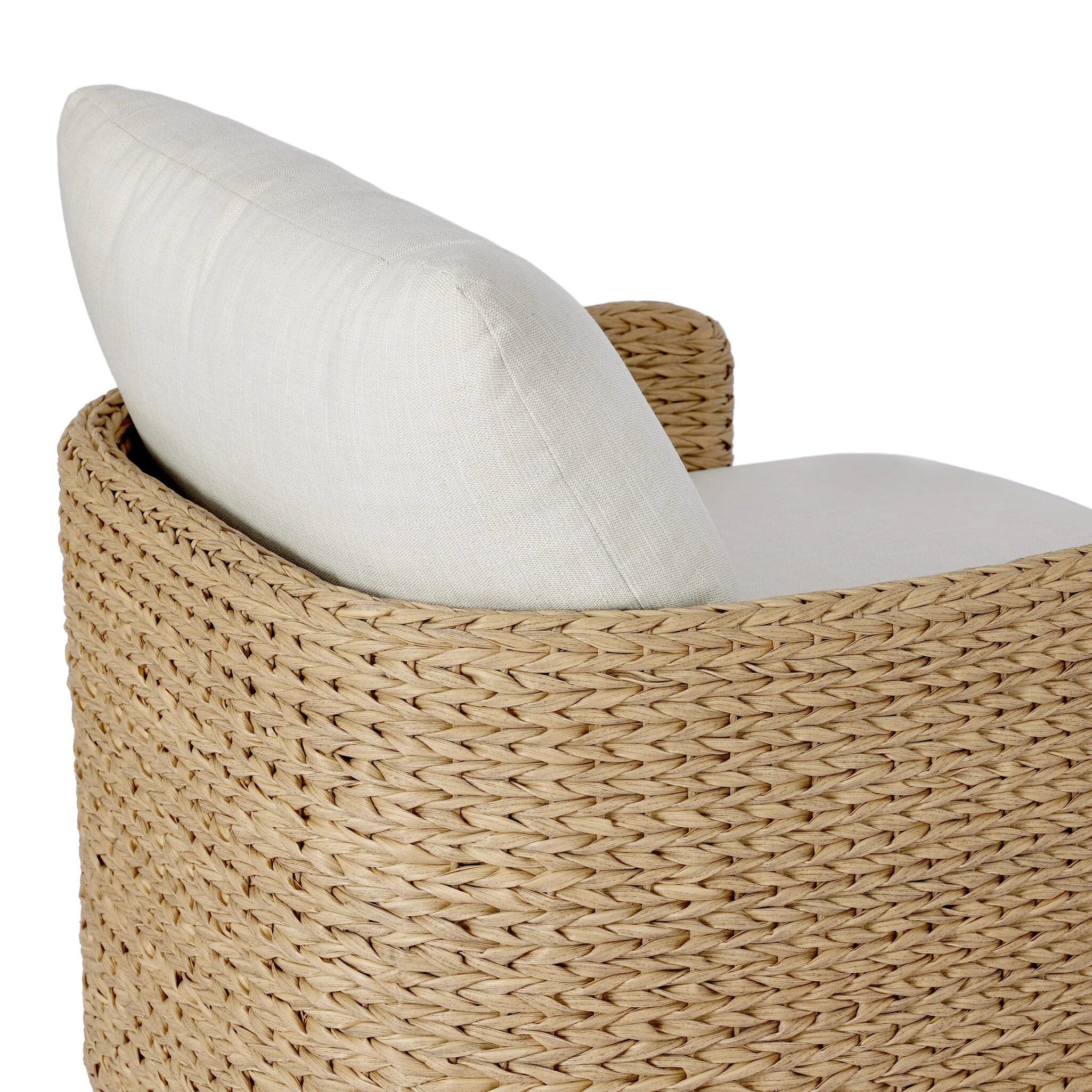 A classic barrel back silhouette meets coastal inspiration with a chunky woven texture. Neutral upholstery and simple shaping make this 360 swivel outdoor chair fit in a number of spaces. Cover or store indoors during inclement weather and when not in use. Amethyst Home provides interior design, new home construction design consulting, vintage area rugs, and lighting in the Calabasas metro area.