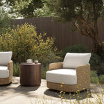 A classic barrel back silhouette meets coastal inspiration with a chunky woven texture. Neutral upholstery and simple shaping make this 360 swivel outdoor chair fit in a number of spaces. Cover or store indoors during inclement weather and when not in use. Amethyst Home provides interior design, new home construction design consulting, vintage area rugs, and lighting in the San Diego metro area.