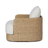 A classic barrel back silhouette meets coastal inspiration with a chunky woven texture. Neutral upholstery and simple shaping make this 360 swivel outdoor chair fit in a number of spaces. Cover or store indoors during inclement weather and when not in use. Amethyst Home provides interior design, new home construction design consulting, vintage area rugs, and lighting in the Scottsdale metro area.