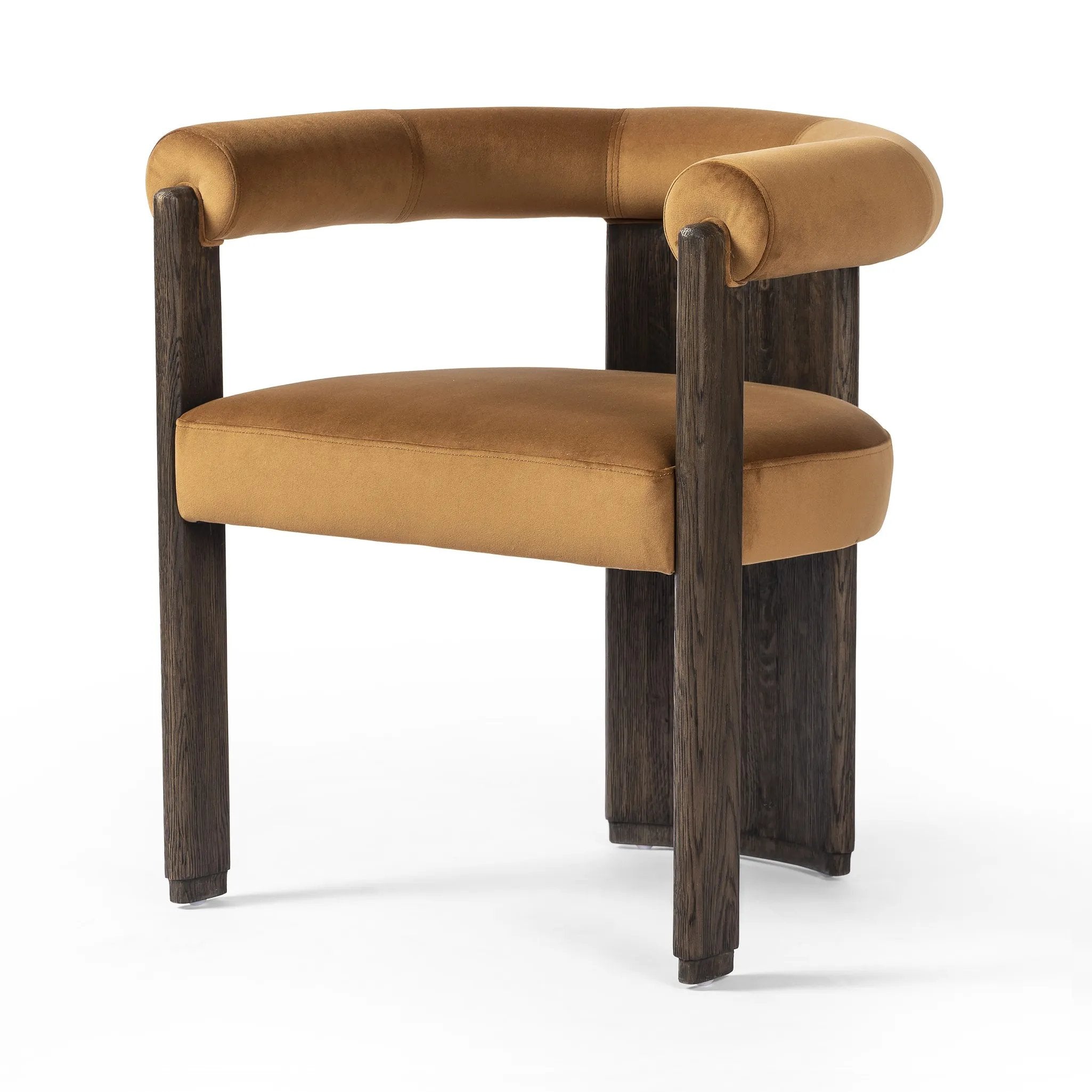 Featuring Canon Stax Rust Dining Chair by Four Hands at Amethyst Home. For a confident mix of soft curves and clean lines, this three-leg dining chair pairs a solid oak frame and low barrel back with rich, rust-colored upholstery.Overall Dimensions: 29.00"w x 23.25"d x 29.75"hWeight : 35.27 lbsMaterials : 100% Polyester, Solid Oak. Amethyst Home provides interior design, new home construction design consulting, vintage area rugs, and lighting in the Charlotte metro area.