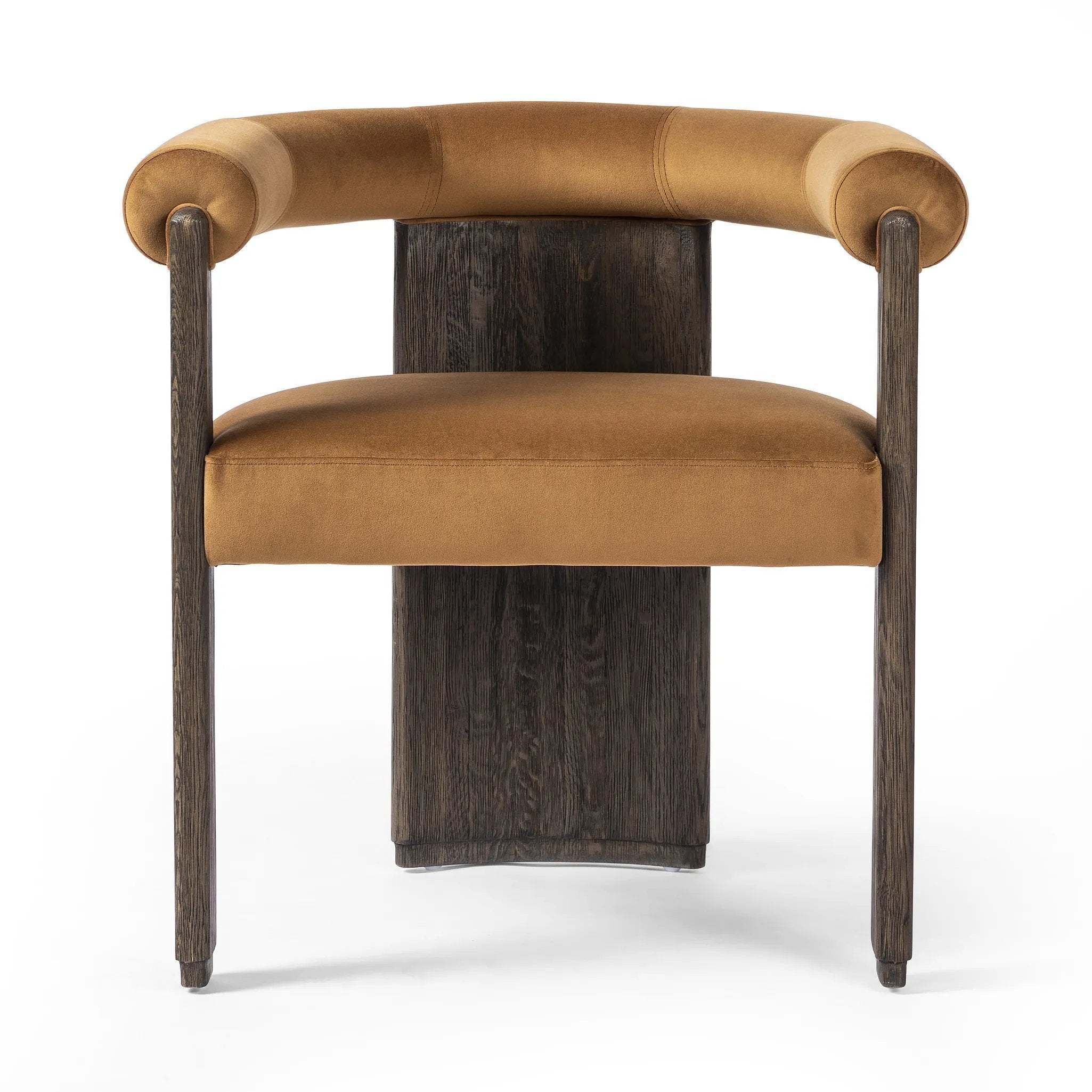 Featuring Canon Stax Rust Dining Chair by Four Hands at Amethyst Home. For a confident mix of soft curves and clean lines, this three-leg dining chair pairs a solid oak frame and low barrel back with rich, rust-colored upholstery.Overall Dimensions: 29.00"w x 23.25"d x 29.75"hWeight : 35.27 lbsMaterials : 100% Polyester, Solid Oak. Amethyst Home provides interior design, new home construction design consulting, vintage area rugs, and lighting in the Monterey metro area.