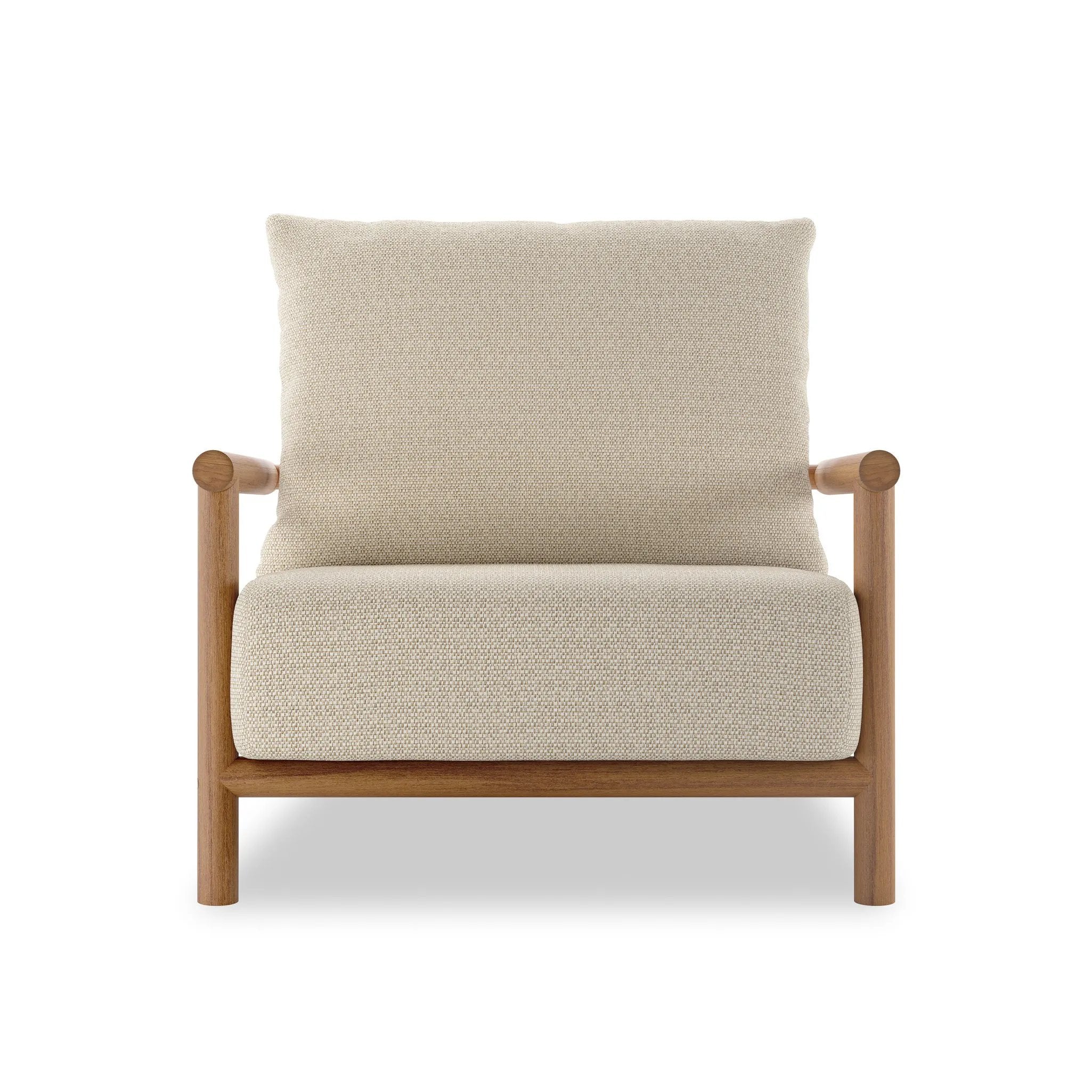 Featuring Cardiff Faye Sand Outdoor Chair by Four Hands at Amethyst Home. Angular FSC®-certified teak framing paired with softened dowel edges crafts a bench-made, transitional outdoor chair. Strap detailing supports the loose, knife-edge back cushion, complemented by a heavy fixed seat cushion — adding a touch of weight to the airy design. Cover or store indoo. Amethyst Home provides interior design, new home construction design consulting, vintage area rugs, and lighting in the Omaha metro area.