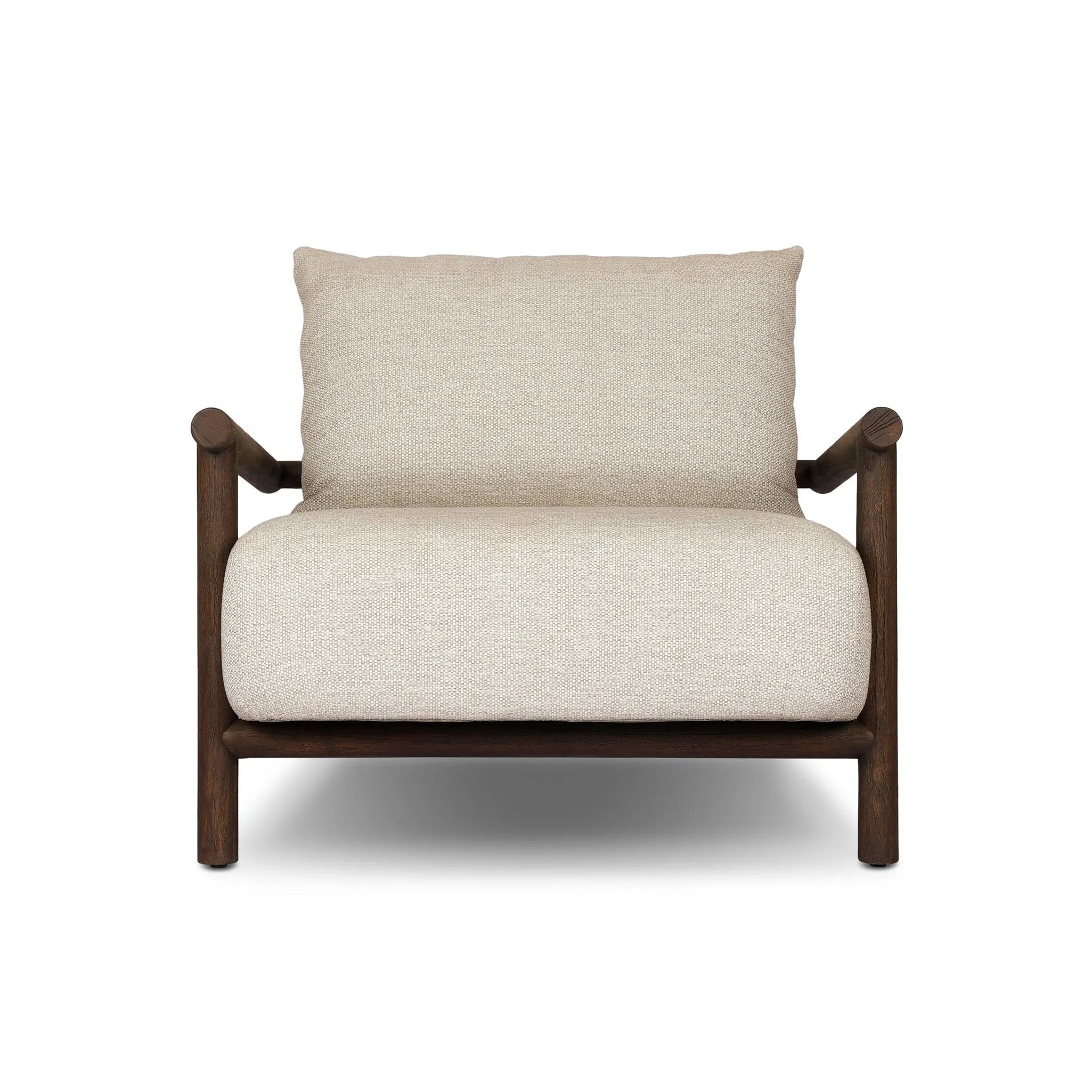 Featuring Cardiff Faye Sand Outdoor Chair by Four Hands at Amethyst Home. Angular FSC®-certified teak framing paired with softened dowel edges crafts a bench-made, transitional outdoor chair. Strap detailing supports the loose, knife-edge back cushion, complemented by a heavy fixed seat cushion — adding a touch of weight to the airy design. Cover or store i. Amethyst Home provides interior design, new home construction design consulting, vintage area rugs, and lighting in the Park City metro area.