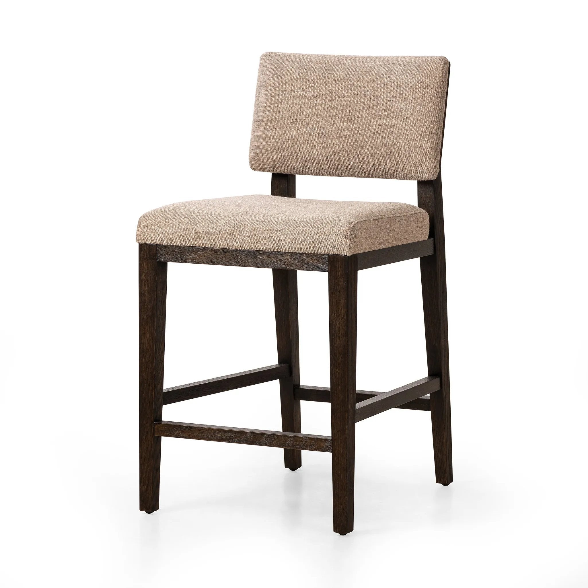 Get back to the basics with this understated modern dining seating. Its simple shape includes a split back design that lets the upholstery peek through. High-performance fabric ideal for the counter, framed out by dark-finished oak Amethyst Home provides interior design, new home construction design consulting, vintage area rugs, and lighting in the Seattle metro area.