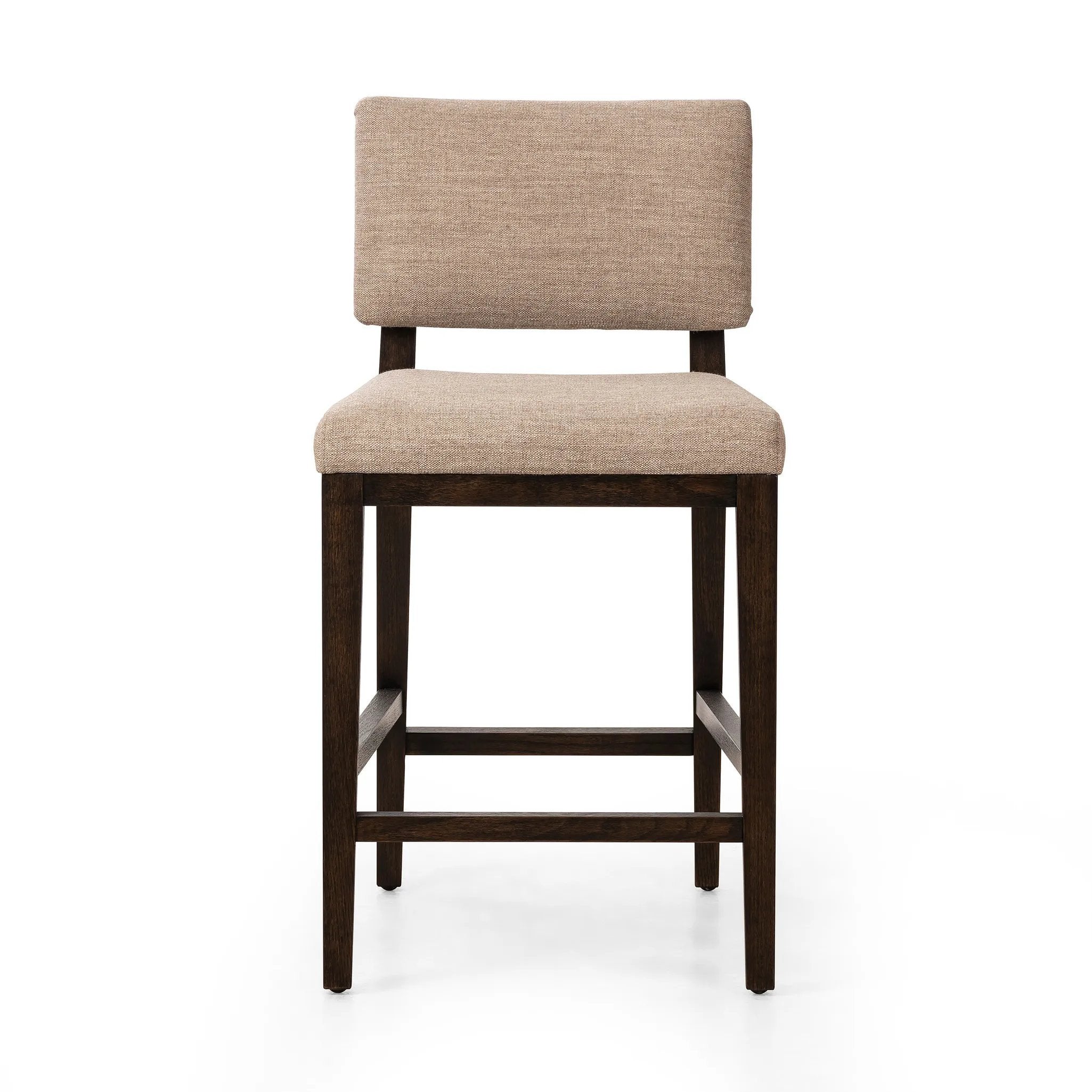 Get back to the basics with this understated modern dining seating. Its simple shape includes a split back design that lets the upholstery peek through. High-performance fabric ideal for the counter, framed out by dark-finished oak Amethyst Home provides interior design, new home construction design consulting, vintage area rugs, and lighting in the Winter Garden metro area.