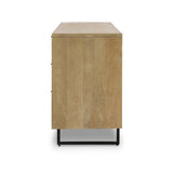 Featuring Carmel Natural Cane Sideboard 96" by Four Hands at Amethyst Home. Midcentury-inspired style with an organic twist. Surrounded by mango casing, light cane weaves for a fresh, natural look. Finished off with angular gunmetal-finished iron legs. Plenty of interior storage for your favorite table linens and dinnerware. Overall Dimensions: 96.00"w x 1. Amethyst Home provides interior design, new home construction design consulting, vintage area rugs, and lighting in the Des Moines metro area.