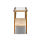 Made from brown oak, woven paper cord and tempered glass, an open-style console works into any space or style with ease, thanks to its beautifully versatile design Amethyst Home provides interior design, new home construction design consulting, vintage area rugs, and lighting in the Calabasas metro area.