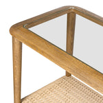 Made from brown oak, woven paper cord and tempered glass, an open-style console works into any space or style with ease, thanks to its beautifully versatile design Amethyst Home provides interior design, new home construction design consulting, vintage area rugs, and lighting in the Charlotte metro area.