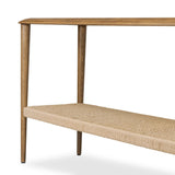 Made from brown oak, woven paper cord and tempered glass, an open-style console works into any space or style with ease, thanks to its beautifully versatile design Amethyst Home provides interior design, new home construction design consulting, vintage area rugs, and lighting in the Tampa metro area.
