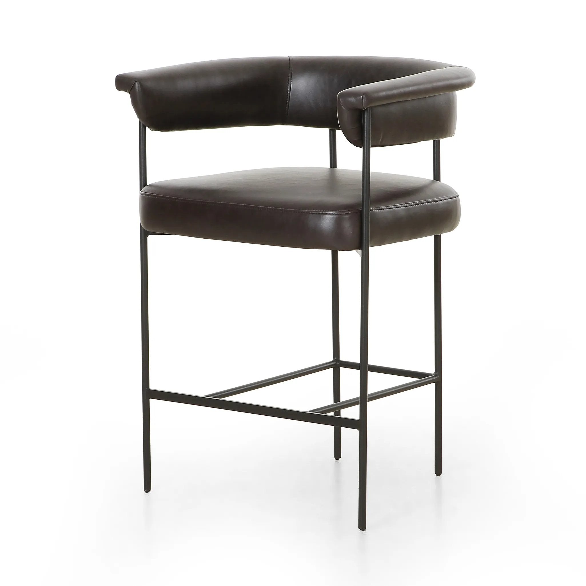 Airy and light with slim, black-finished iron framing, top-grain leather lends texture to a beautifully sculpted bar stool featuring a yoke back plus fold detailing Amethyst Home provides interior design, new home construction design consulting, vintage area rugs, and lighting in the Seattle metro area.