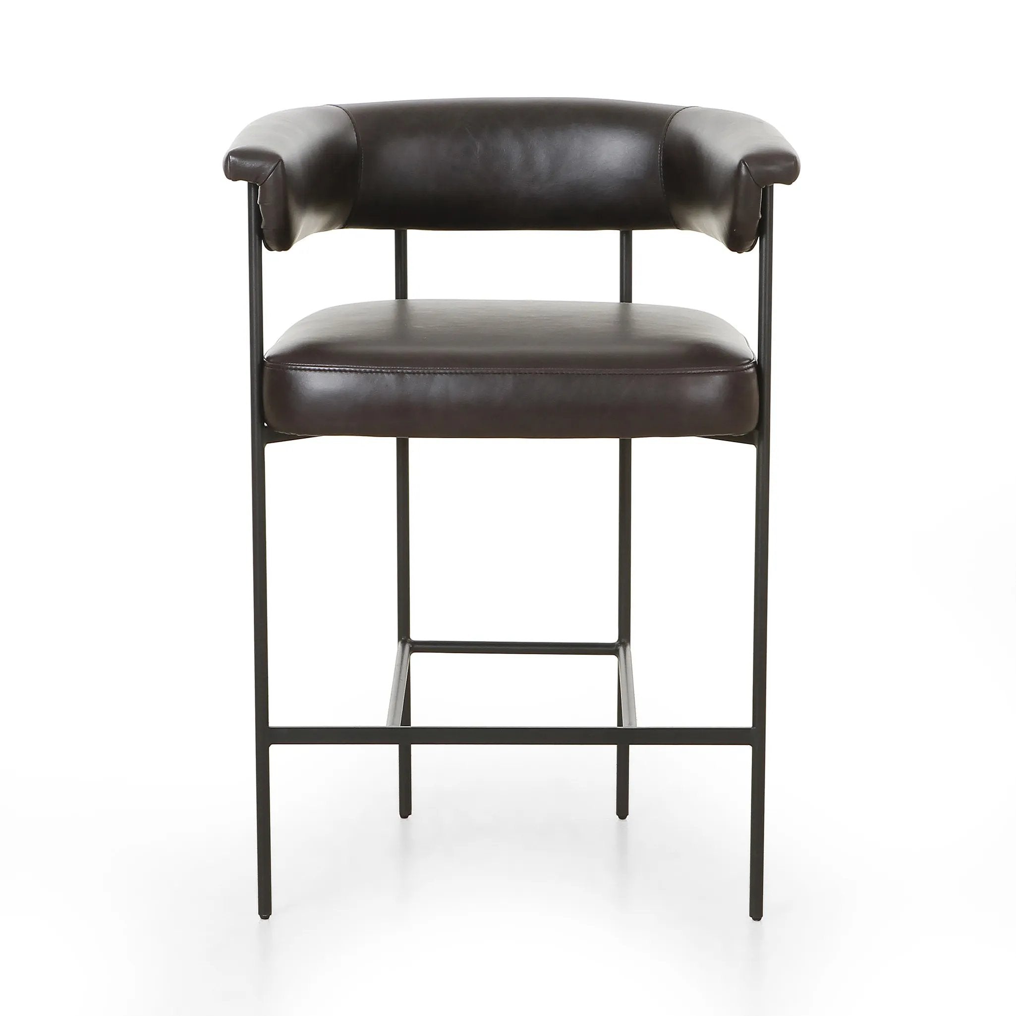 Airy and light with slim, black-finished iron framing, top-grain leather lends texture to a beautifully sculpted bar stool featuring a yoke back plus fold detailing Amethyst Home provides interior design, new home construction design consulting, vintage area rugs, and lighting in the Winter Garden metro area.