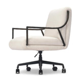 Sink-in comfort, modern appeal and no fuss. This Deco-inspired desk chair's sloped hammered iron arms and ebony metal swivel base stand out against snow white upholstery. Crypton® performance fabric is specially engineered for protection against stains, moisture and odor. Amethyst Home provides interior design, new home construction design consulting, vintage area rugs, and lighting in the Charlotte metro area.