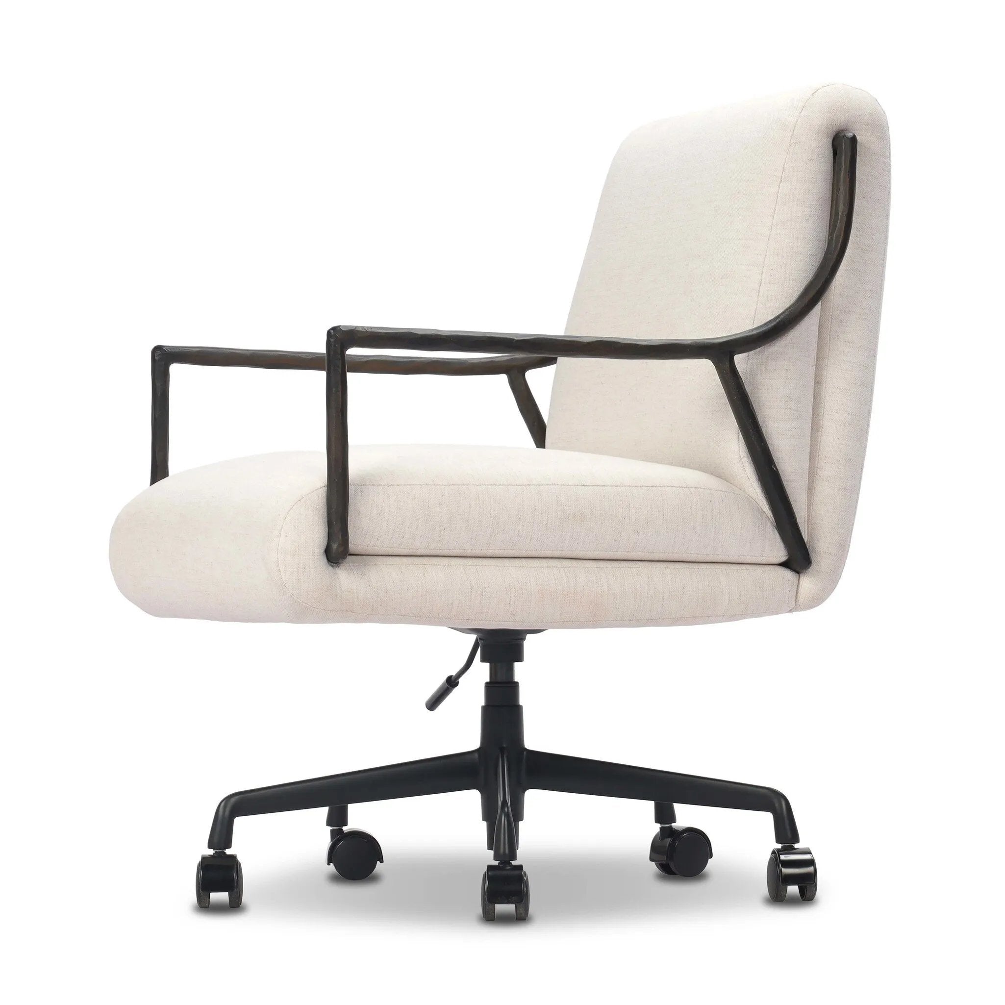 Sink-in comfort, modern appeal and no fuss. This Deco-inspired desk chair's sloped hammered iron arms and ebony metal swivel base stand out against snow white upholstery. Crypton® performance fabric is specially engineered for protection against stains, moisture and odor. Amethyst Home provides interior design, new home construction design consulting, vintage area rugs, and lighting in the Charlotte metro area.