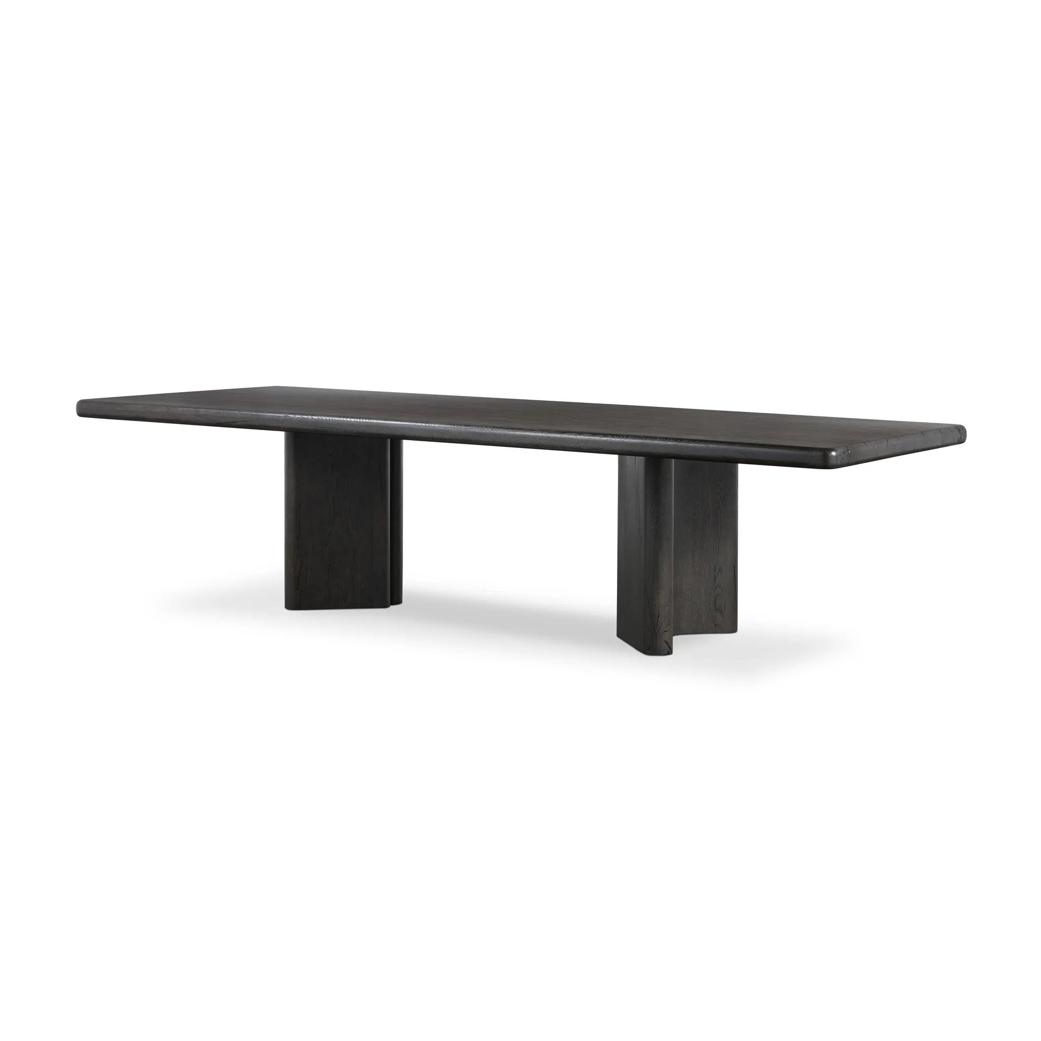 Designed in partnership with longtime Four Hands collaborator Thomas Bina and Brazilian designer Ronald Sasson, a grand-scale dining table is made from solid reclaimed French oak finished in a deep espresso. Rounded edges add a softer, fluid look. Seats 12 Amethyst Home provides interior design, new home construction design consulting, vintage area rugs, and lighting in the Boston metro area.