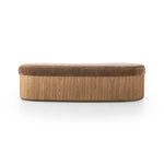 Elevate any room with a curvy statement bench. Made from a kidney-shaped base of toasted ash veneer and a soft, velvety seat Amethyst Home provides interior design, new home construction design consulting, vintage area rugs, and lighting in the Calabasas metro area.