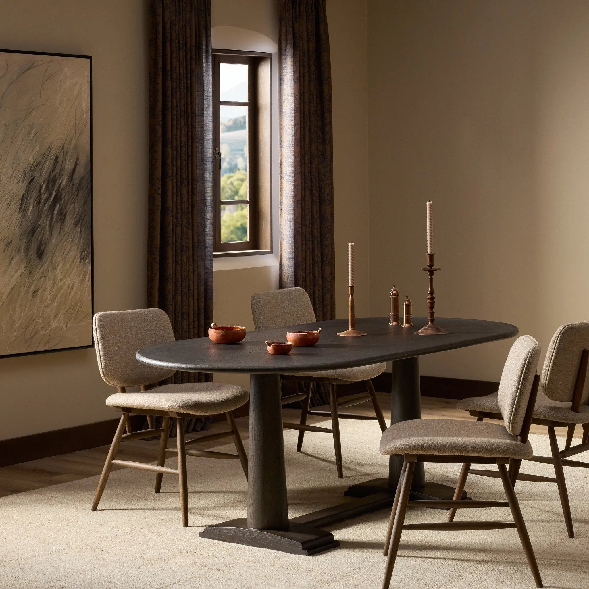 Finished in a rich espresso, a mix of solid oak and oak veneers fashion a trestle-style base with tapered column legs and step detailing, for a traditional look.As fans of natural design at Amethyst, we love the nature inspired Chamberlain Dining Table - Espresso Oak Veneer. Amethyst Home provides interior design, new home construction design consulting, vintage area rugs, and lighting in the Alpharetta metro area.