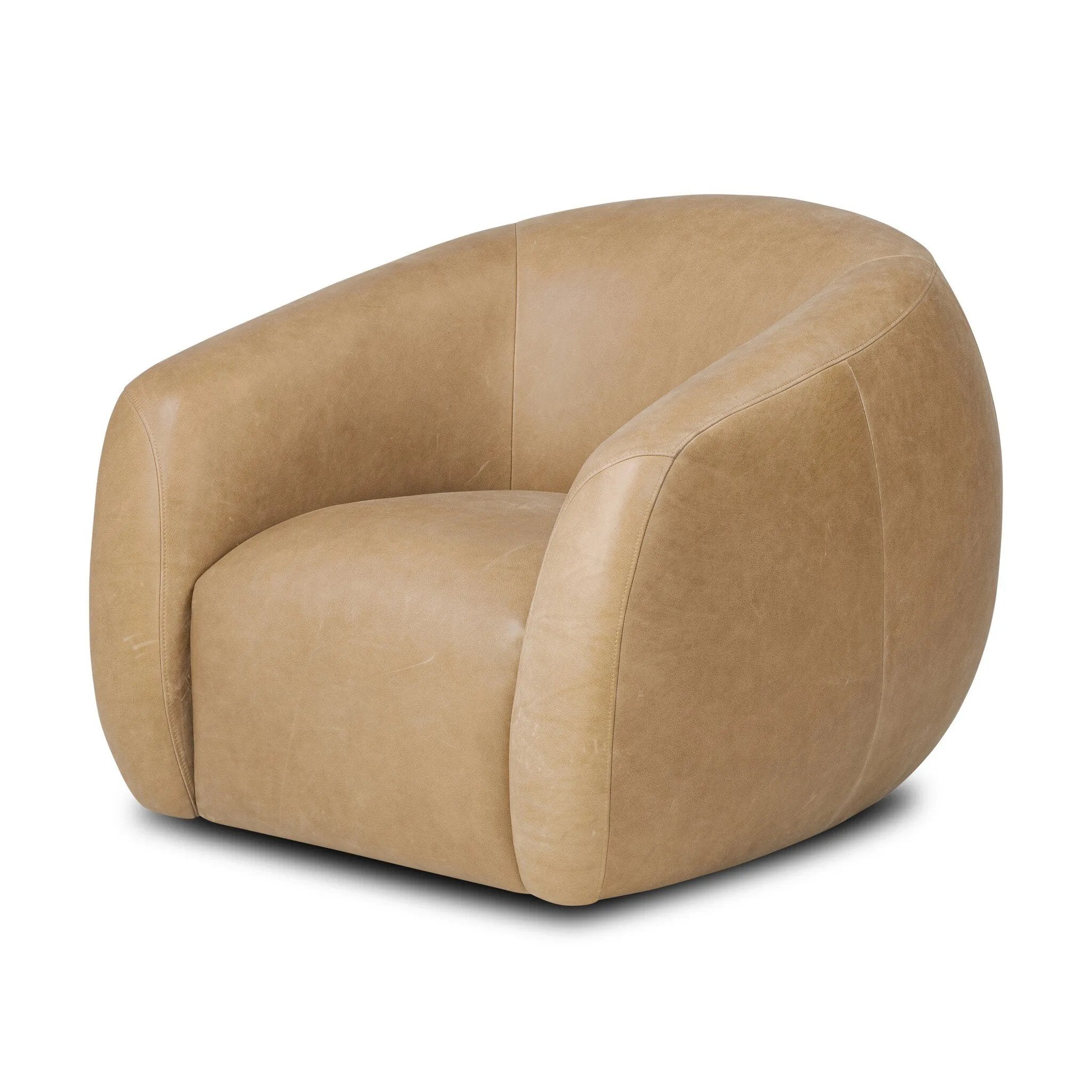 Meet modern comfort. Clean curves, impeccable tailoring and taupe top-grain leather with a pronounced grain bring an elevated, European-inspired look to this swivel chair Amethyst Home provides interior design, new home construction design consulting, vintage area rugs, and lighting in the Los Angeles metro area.