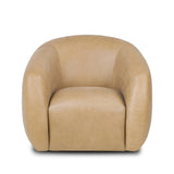 Meet modern comfort. Clean curves, impeccable tailoring and taupe top-grain leather with a pronounced grain bring an elevated, European-inspired look to this swivel chair Amethyst Home provides interior design, new home construction design consulting, vintage area rugs, and lighting in the Tampa metro area.
