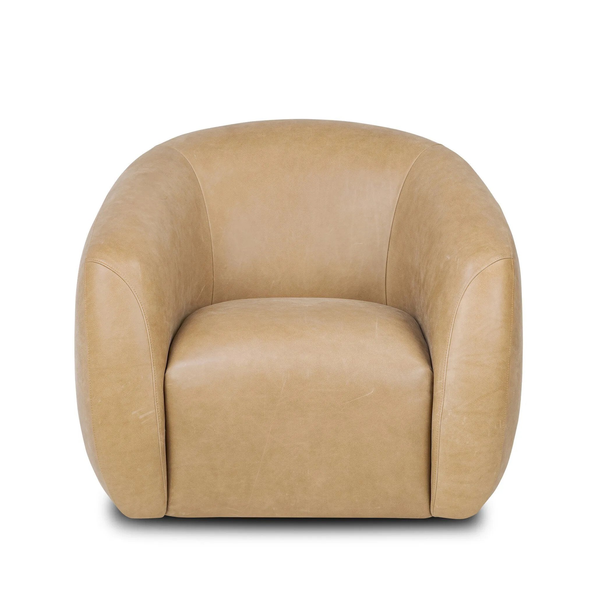 Meet modern comfort. Clean curves, impeccable tailoring and taupe top-grain leather with a pronounced grain bring an elevated, European-inspired look to this swivel chair Amethyst Home provides interior design, new home construction design consulting, vintage area rugs, and lighting in the Tampa metro area.