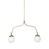 A chandelier inspired by Art Deco, featuring a pair of glass globes suspended from graciously curved iron arms finished in aged brass Amethyst Home provides interior design, new home construction design consulting, vintage area rugs, and lighting in the Boston metro area.