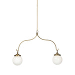 A chandelier inspired by Art Deco, featuring a pair of glass globes suspended from graciously curved iron arms finished in aged brass Amethyst Home provides interior design, new home construction design consulting, vintage area rugs, and lighting in the Calabasas metro area.