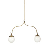 A chandelier inspired by Art Deco, featuring a pair of glass globes suspended from graciously curved iron arms finished in aged brass Amethyst Home provides interior design, new home construction design consulting, vintage area rugs, and lighting in the Calabasas metro area.