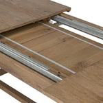 For dinners and buffets, large to small, this extension dining table serves the purpose. A low, trestle base of solid oak and veneers support the rectangular tabletop with a warm, drifted finish. On both ends, breadboard extensions provide the option to expand from 96" to 136" Amethyst Home provides interior design, new home construction design consulting, vintage area rugs, and lighting in the Winter Garden metro area.