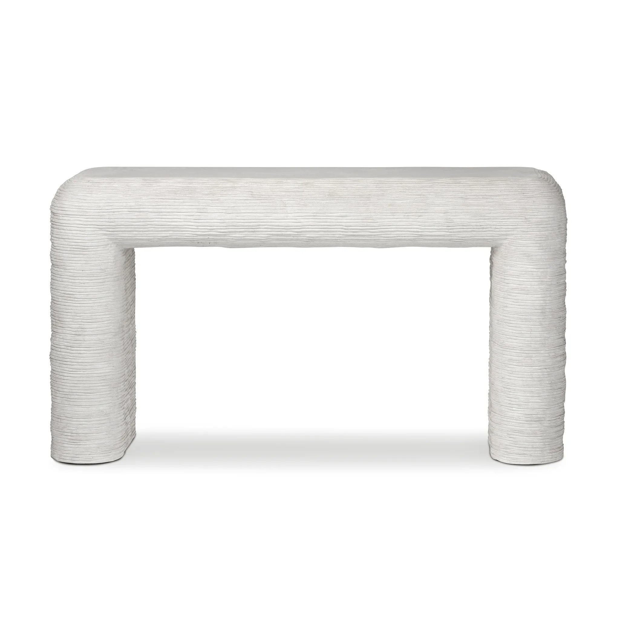 Smooth concrete is etched with a linear pattern, bringing an organic look with texture to this unique console table Amethyst Home provides interior design, new home construction design consulting, vintage area rugs, and lighting in the Salt Lake City metro area.