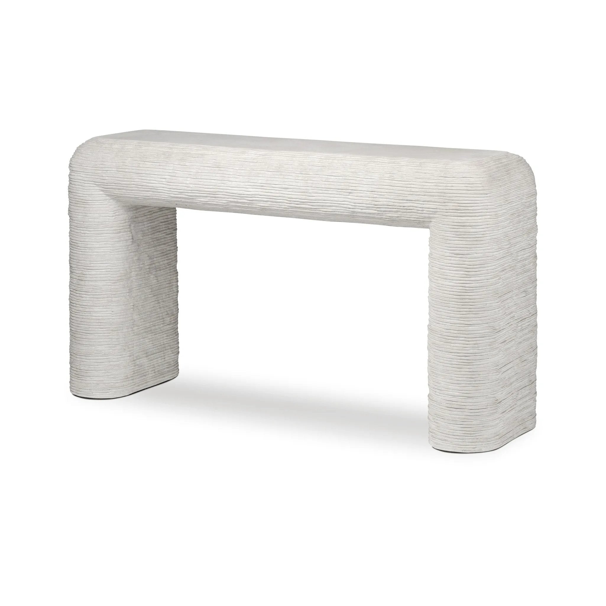 Smooth concrete is etched with a linear pattern, bringing an organic look with texture to this unique console table Amethyst Home provides interior design, new home construction design consulting, vintage area rugs, and lighting in the Seattle metro area.