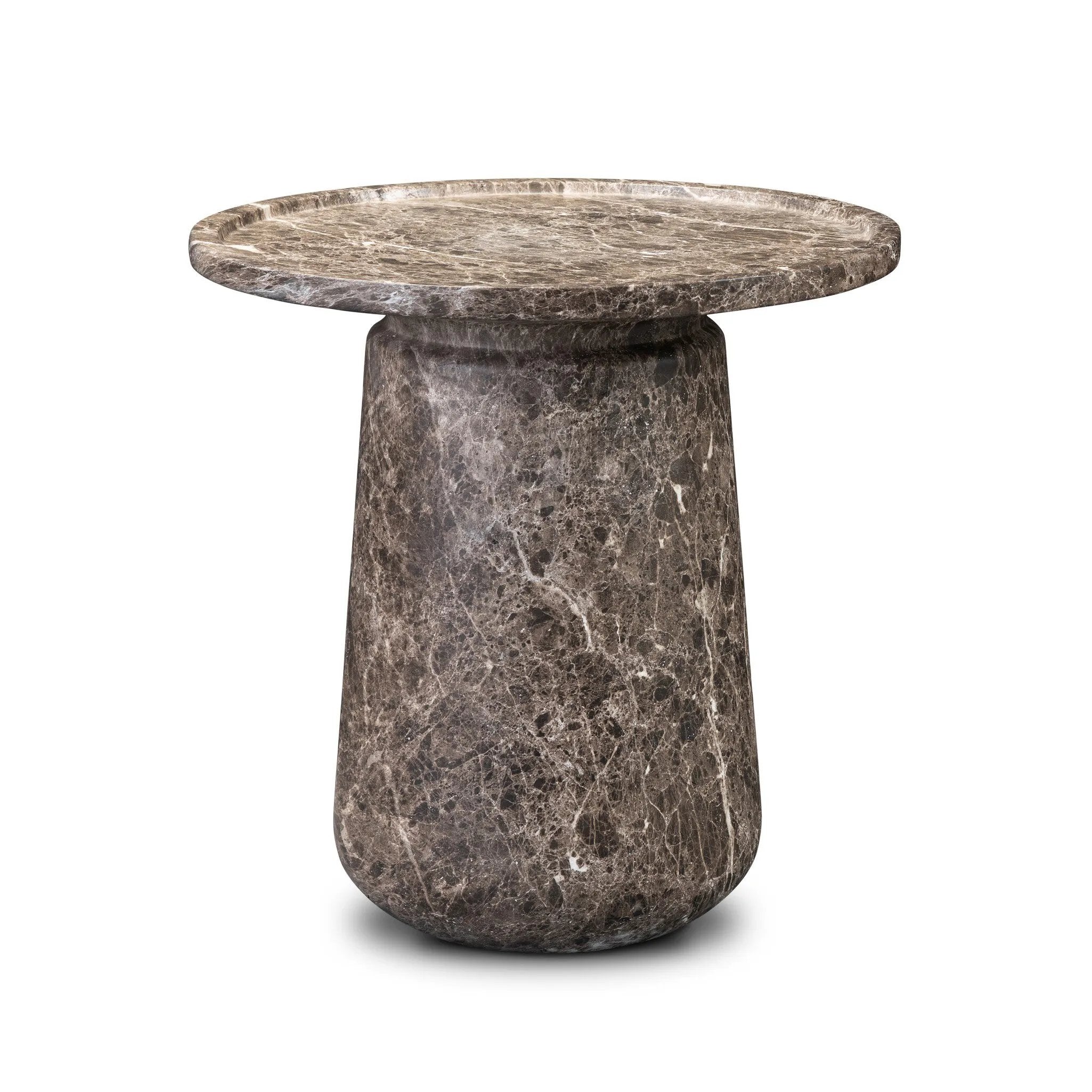 The classic pedestal shape gets a textural update on this outdoor end table. Cast concrete is finished with a water transfer technique to mimic marble, highlighting texture for a feel like natural stone. Cover or store inside during inclement weather and when not in use. Amethyst Home provides interior design, new home construction design consulting, vintage area rugs, and lighting in the Kansas City metro area.