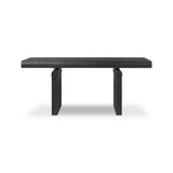 Bring a beautifully contoured look to your workspace with a desk inspired by Italian postmodernism. Connected by iron brackets, a dual-panel base supports a spacious tabletop of worn black oak, crafting a float-like look. Four drawers keep frequently used items within reach Amethyst Home provides interior design, new home construction design consulting, vintage area rugs, and lighting in the Calabasas metro area.