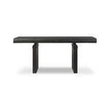 Bring a beautifully contoured look to your workspace with a desk inspired by Italian postmodernism. Connected by iron brackets, a dual-panel base supports a spacious tabletop of worn black oak, crafting a float-like look. Four drawers keep frequently used items within reach Amethyst Home provides interior design, new home construction design consulting, vintage area rugs, and lighting in the Los Angeles metro area.