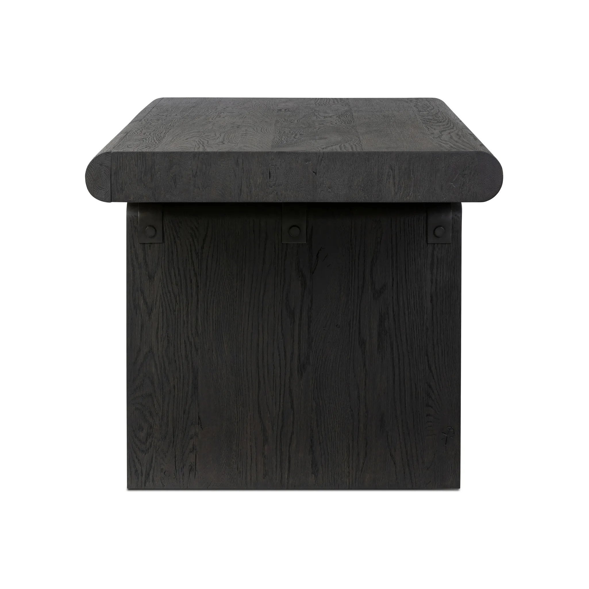 Bring a beautifully contoured look to your workspace with a desk inspired by Italian postmodernism. Connected by iron brackets, a dual-panel base supports a spacious tabletop of worn black oak, crafting a float-like look. Four drawers keep frequently used items within reach Amethyst Home provides interior design, new home construction design consulting, vintage area rugs, and lighting in the Salt Lake City metro area.