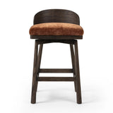 Featuring Cloris Altair Sienna Swivel Bar + Counter Stool by Four Hands at Amethyst Home. Channel vintage vibes with a swivel stool perfectly sized for the bar. Crafted of dark-finished oak, a low, molded back adds a playful touch, while an upholstered seat offers comfort and color. Finished off with a memory swivel to ensure the stool's curved wood back sta. Amethyst Home provides interior design, new home construction design consulting, vintage area rugs, and lighting in the Portland metro area.