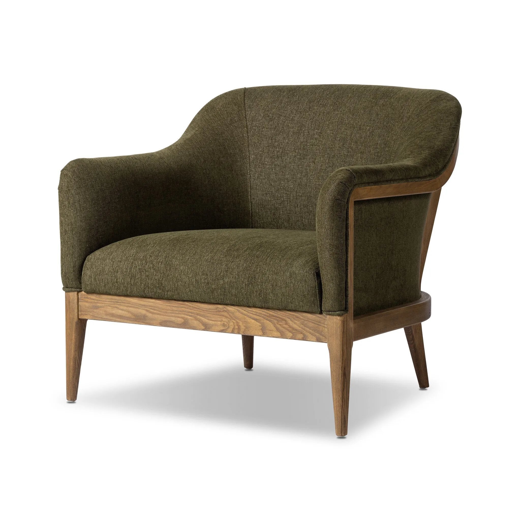A Swedish Gustavian inspired captain chair gets a modern update with high arms and an exposed frame. The tight cushion in olive fabric paired with buff parawood lends a luxe natural feel Amethyst Home provides interior design, new home construction design consulting, vintage area rugs, and lighting in the Boston metro area.
