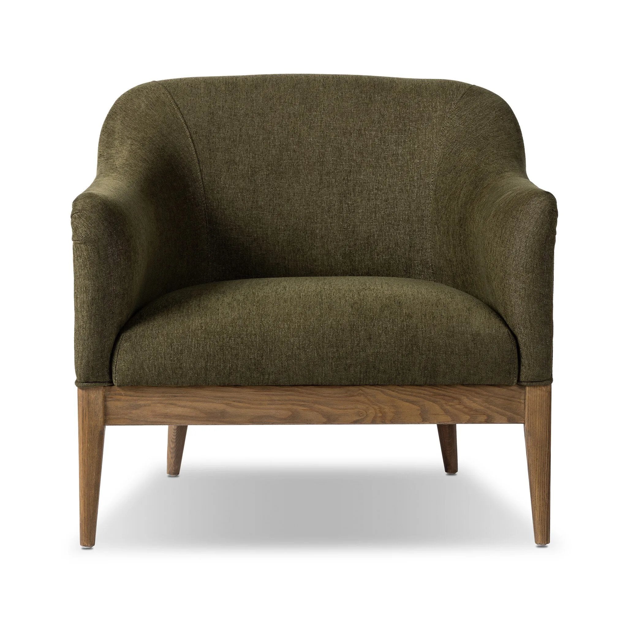 A Swedish Gustavian inspired captain chair gets a modern update with high arms and an exposed frame. The tight cushion in olive fabric paired with buff parawood lends a luxe natural feel Amethyst Home provides interior design, new home construction design consulting, vintage area rugs, and lighting in the Monterey metro area.