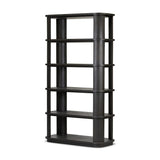 Unexpected contours give this bookcase its warm, modern vibe. Crafted oak veneer with a worn black finish, rounded legs are inset from the shelves with a plinth-like effect Amethyst Home provides interior design, new home construction design consulting, vintage area rugs, and lighting in the Boston metro area.