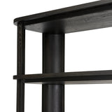 Unexpected contours give this bookcase its warm, modern vibe. Crafted oak veneer with a worn black finish, rounded legs are inset from the shelves with a plinth-like effect Amethyst Home provides interior design, new home construction design consulting, vintage area rugs, and lighting in the Winter Garden metro area.